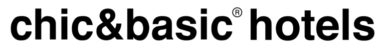 Logo with the text "chic&basic® hotels" in bold, black lowercase letters on a light gray background.