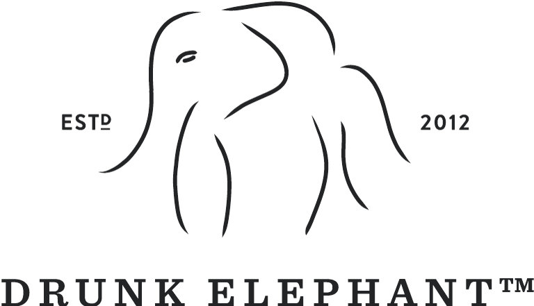 Minimalist black line drawing of an elephant above the text “DRUNK ELEPHANT™”, with “ESTD” on the left and “2012” on the right, all on a light gray background.