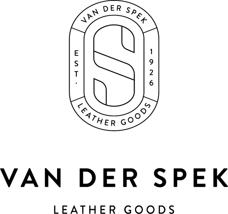Black and white logo for Van Der Spek Leather Goods, featuring a circular emblem with an "S" shape, the text "Est. 1926," and "VAN DER SPEK LEATHER GOODS" written below.